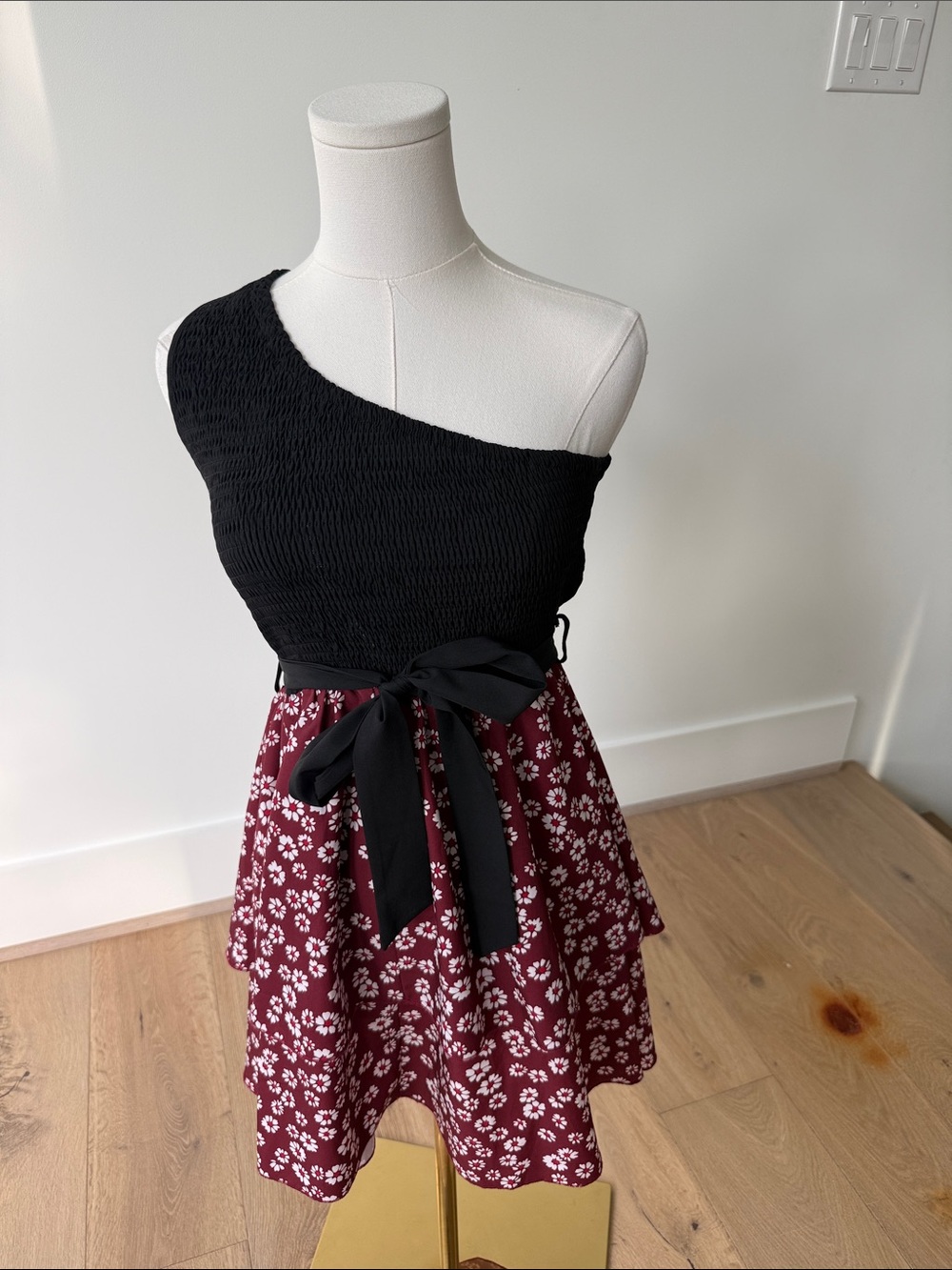 Black One-Shoulder Top with Burgundy Floral Tiered Skirt